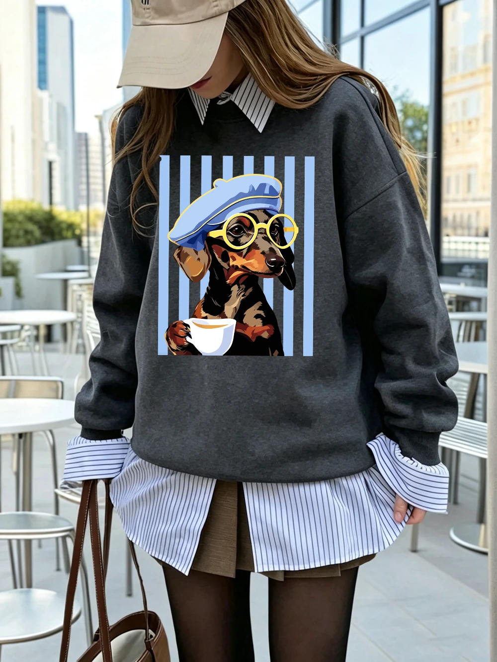 Dackel-Illustrationsdrucke, Sweatshirts für Damen, Winter-Fleece, warme Kapuzenpullover, Rundhalsausschnitt, lockere Oberteile, Basics, sportliche Damenbekleidung – Detail 20