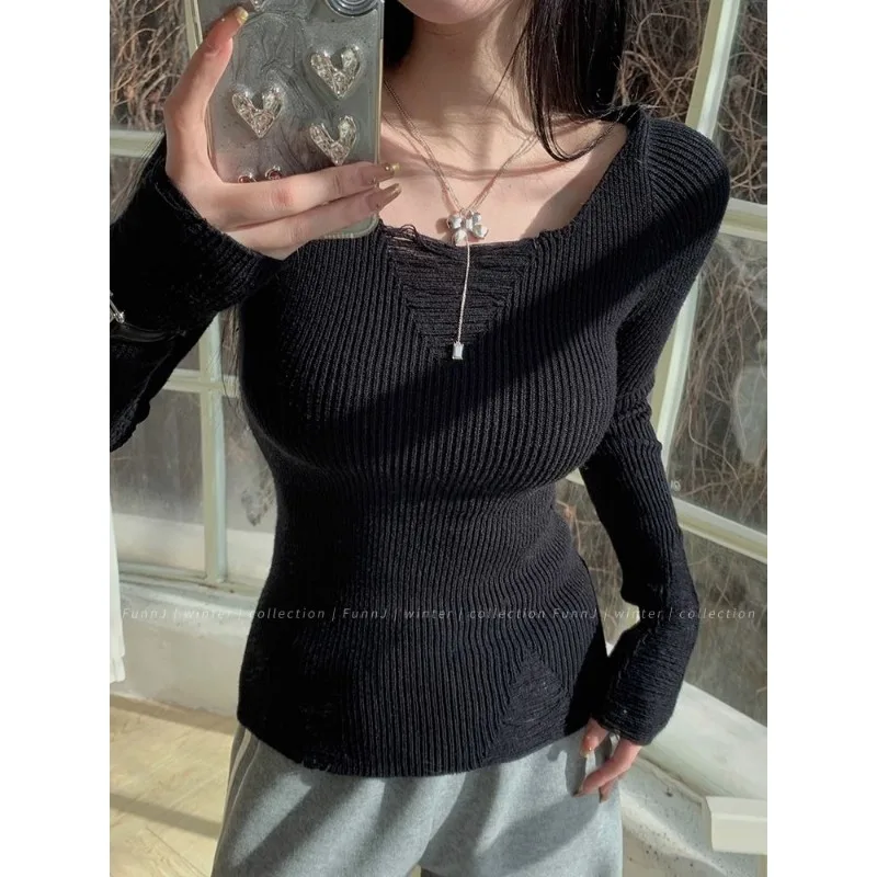 Deeptown Hollow Out White Women\'s Sweater Slim Long Sleeve Knitwear Korean Fashion Pullovers Spring Coquette Jumper Casual