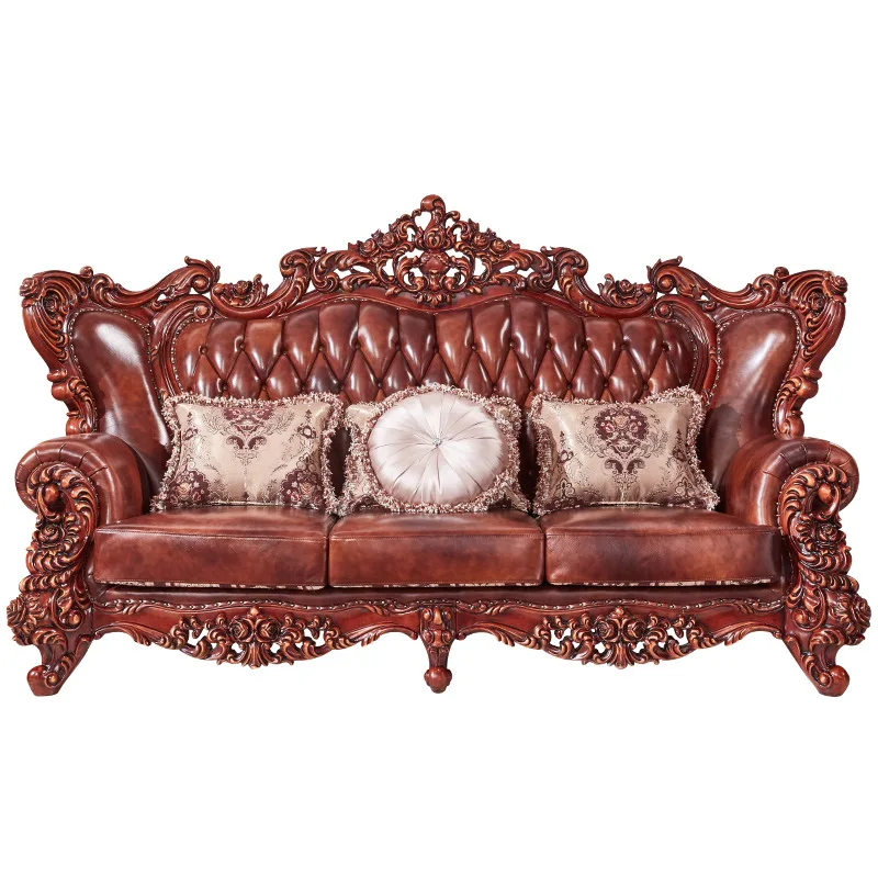 

Solid wood leather sofa, large villa living room cowhide art sofa, retro furniture