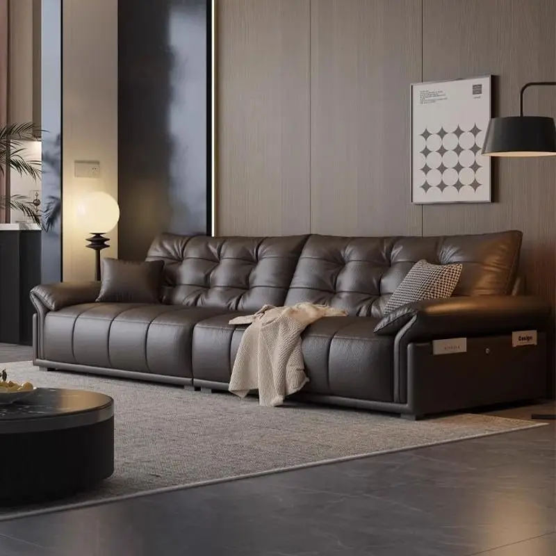 

Minimalist Leather Sofa First Layer Cowhide Modern Living Room Small Apartment Straight Row Italian Light Luxury Simple Design