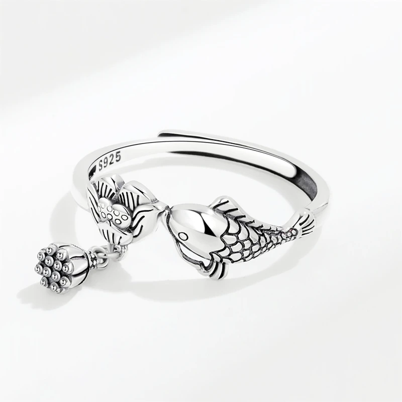 

Vintage Thai Silver Carp Lotus 925 Sterling Silver Female Resizable Opening Rings RI1008