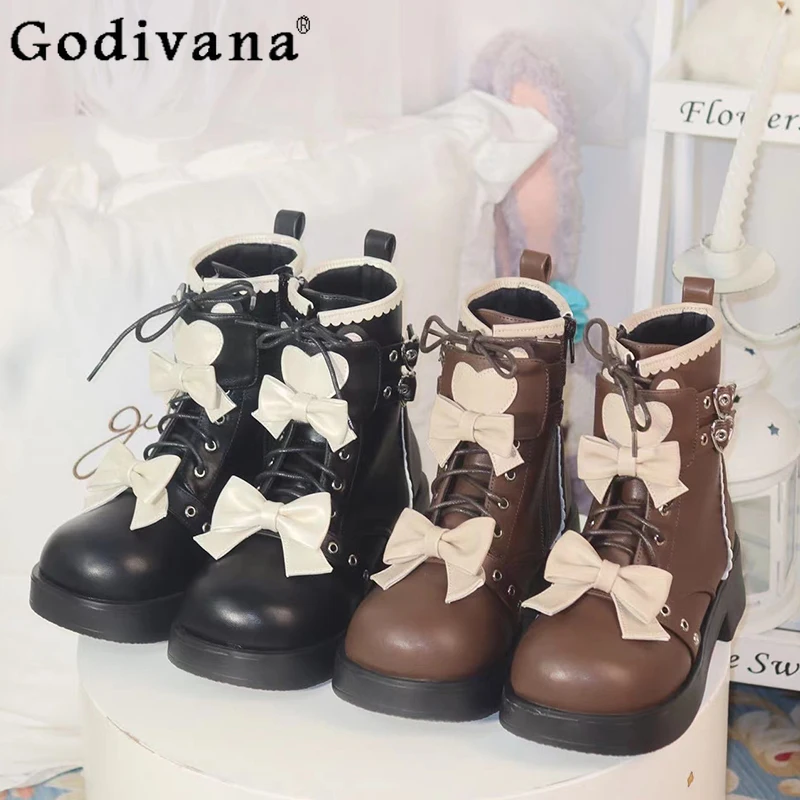 

Autumn Winter Japanese Style Original Lolita Low Heel Short Boots Round Toe Sweet Soft Girl Warm Thickened Small Leather Boots