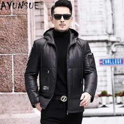 Genuine Leather Men's Pure Cowhide Coat Mens 90% White Duck Down Leather Down Jacket Male Motorcycle Hooded Winter Jackets 2022