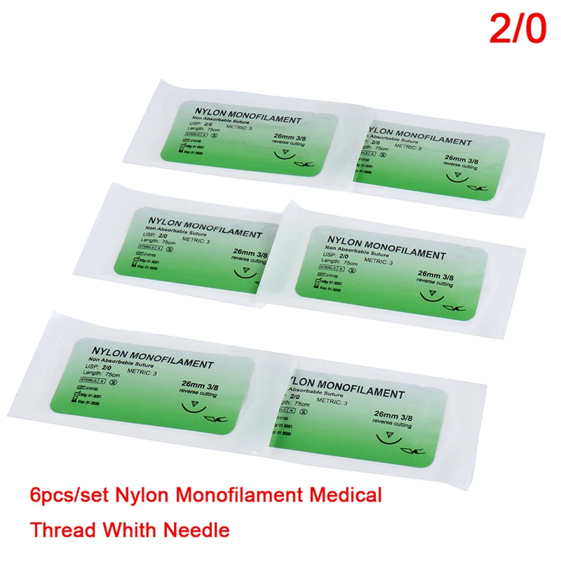 6pcs 2/0 3/0 4/0 Needle Suture Nylon Monofilament Non-injured Suture Medical Thread Suture For Medical Surgical Suture Too