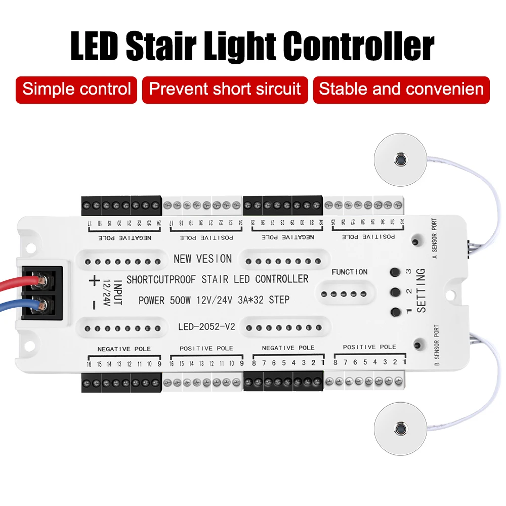 Controlador de cortocircuito para escalera, luz LED con Sensor de movimiento DC12V/24V, luz nocturna, 32 canales