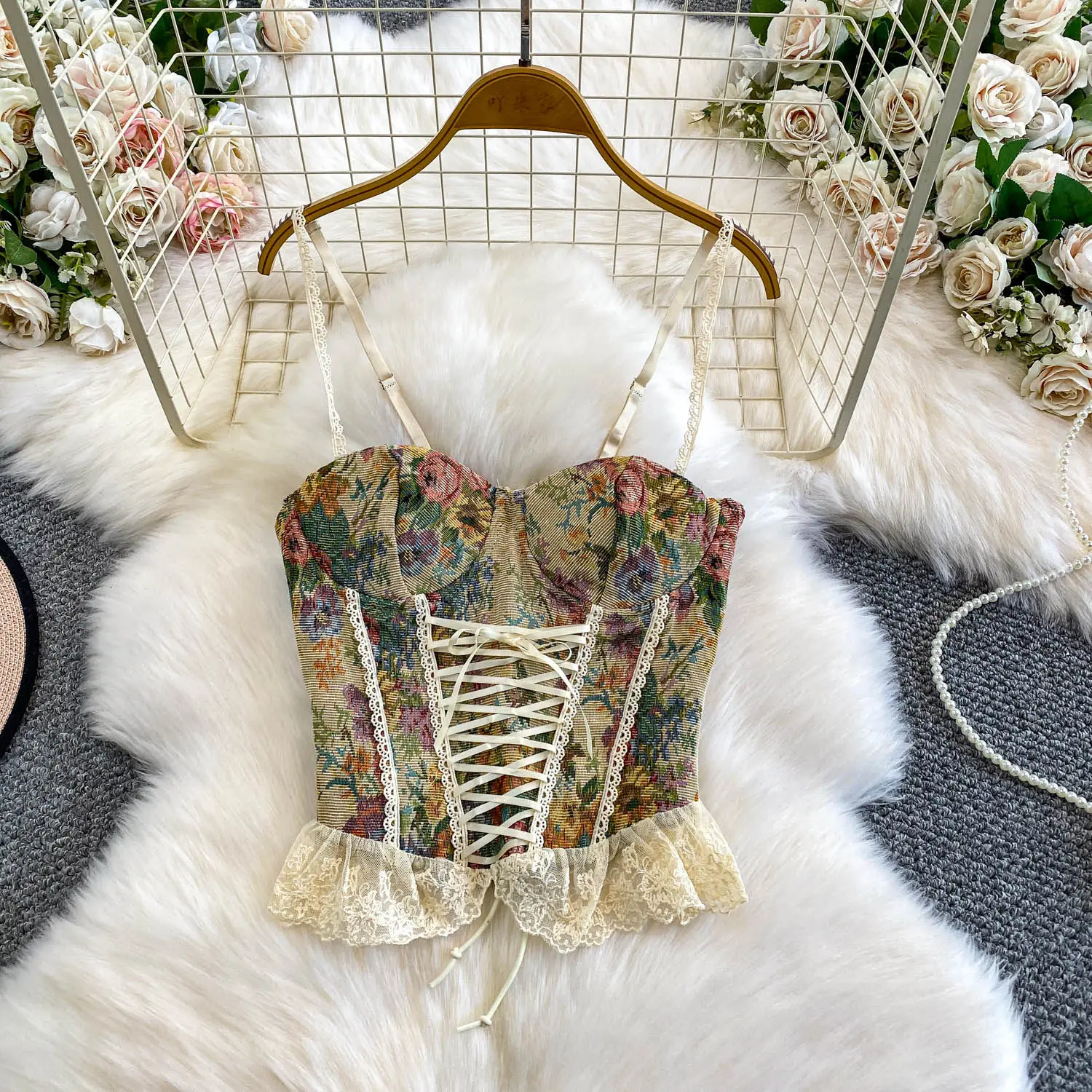 

Lace Edge Corset Jacquard Drawstring Vest Sexy Sleeveless Shapping Tops Camisole Women Summer Fashion Backless Slim Fit Tank Top