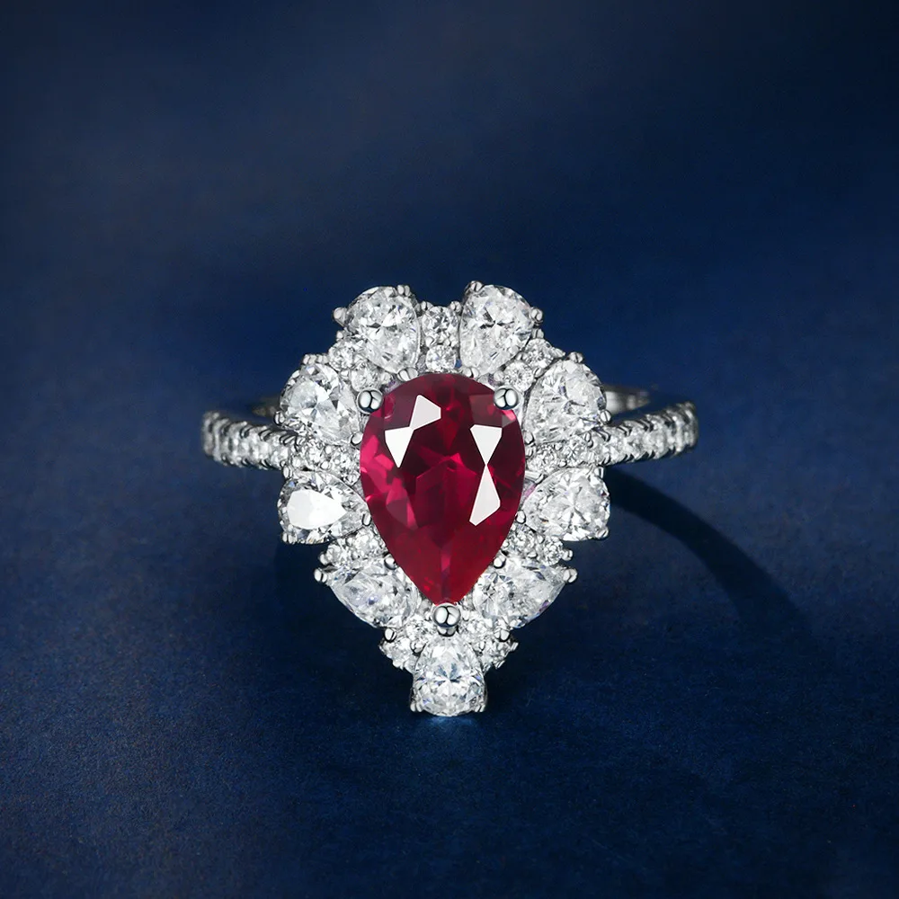 

New S925 Silver Red Corundum 7 * 10 Water Drop Pear shaped 2-carat Ruby European and American Fashion Wedding Jewelry