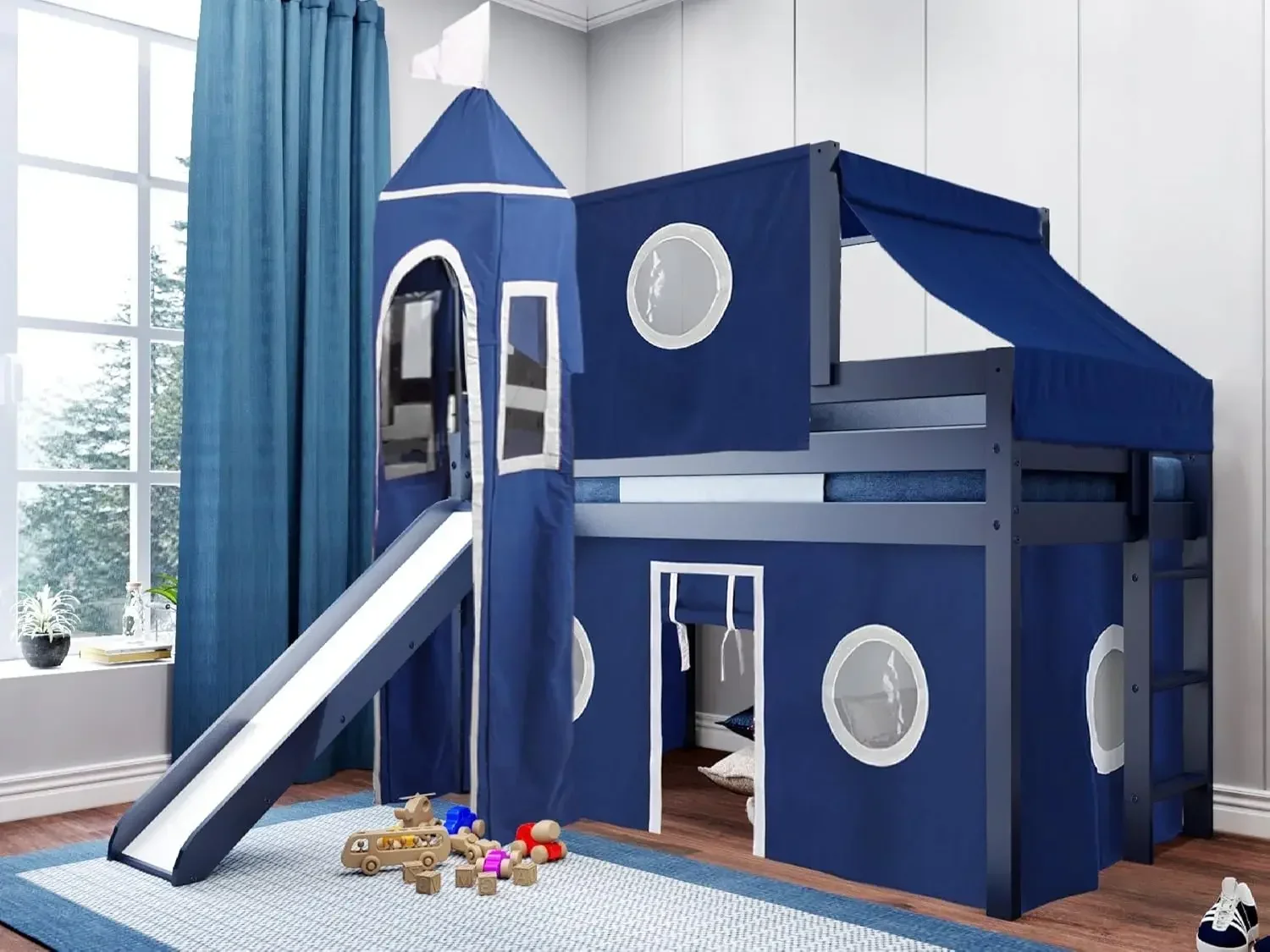 

Castle Low Loft Bed with Slide Blue and White Tent and Tower Twin Blue 80"L X 84.75"W X 87.5"H Made with Solid Wood