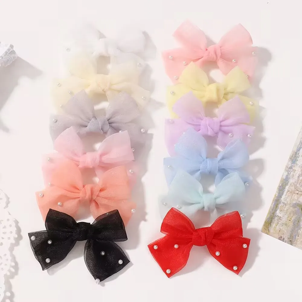 

48pc/lot Boutique 3.3" Lace Bow Hair Clips Baby Girls Pearl Bow Hairpins Kids Barrettes for Children Party Headwear Wholesale