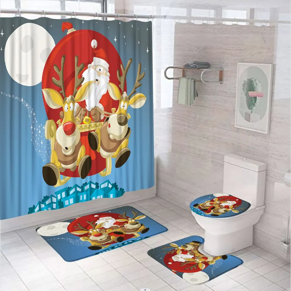 Winter Snowy Forest Bathroom Set Shower Curtain Rug Bath Mat Toilet Cover Snowflake Christmas Xmas Rustic Farmhouse Bath Screen