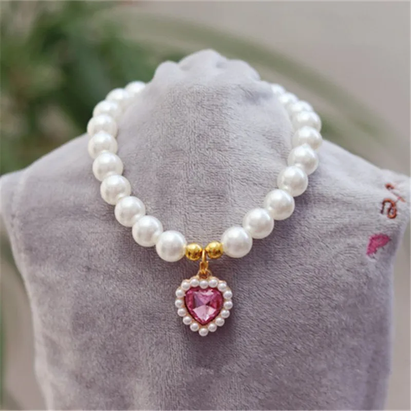 Pet Collar Cat Dog Bell Pearl Necklace Jewelry Love Gem Pet Cat Collar Pet Supplies Adjustable Pet Collar Accessories