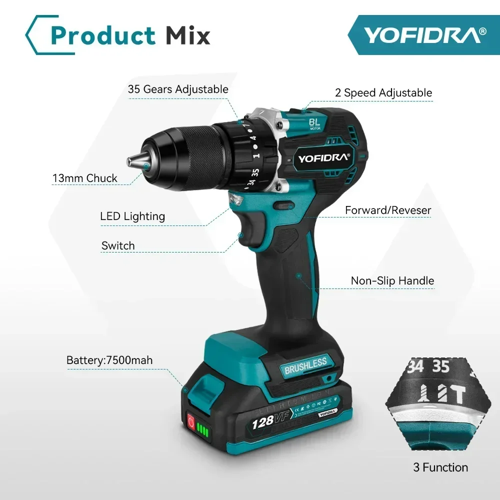 YOFIDRA 13MM 35+3 Drehmoment Bürstenloser Elektrischer Schlagbohrer 3 IN 1 Kabelloser Elektrischer Schraubendreher DIY-Elektrowerkzeug für Makita 21V Akku – Detail 5