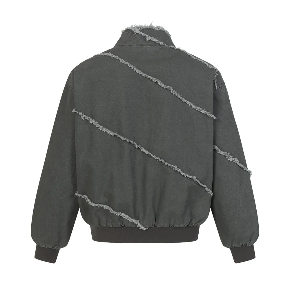MWJLPWQ Irregularly Deconstructed Raw Edge Stand-Up Collar Jacket For Men Trendy Punk Style Distressed Unique Design Tops 20851