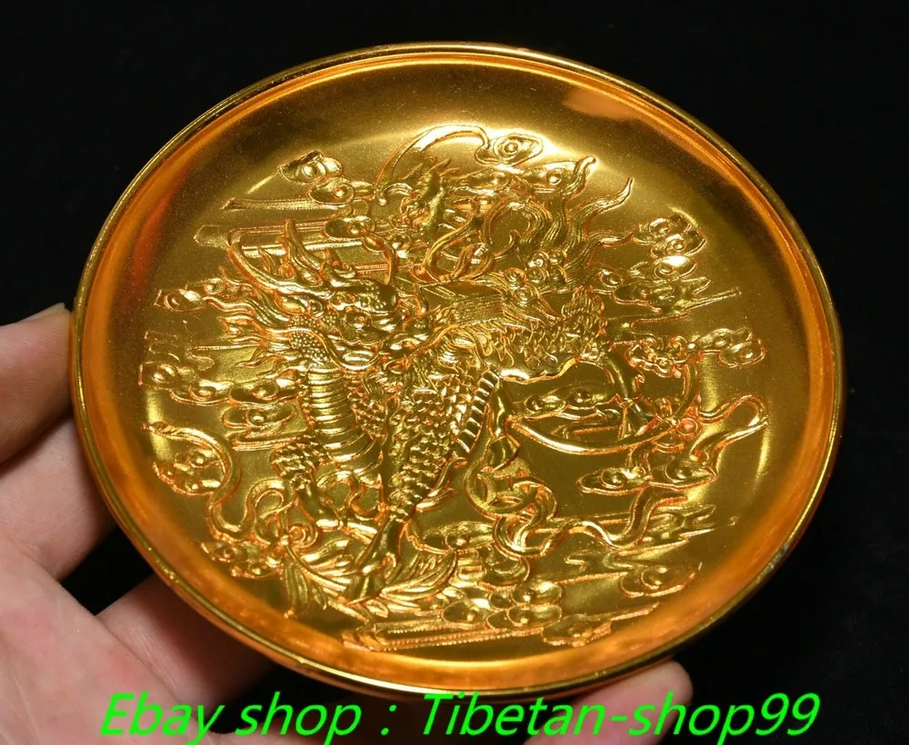 4.1"Old CHinese Dynasty Bronze Gilt Kylin Dragon unicorn Beast Tray Dish Plate view 4