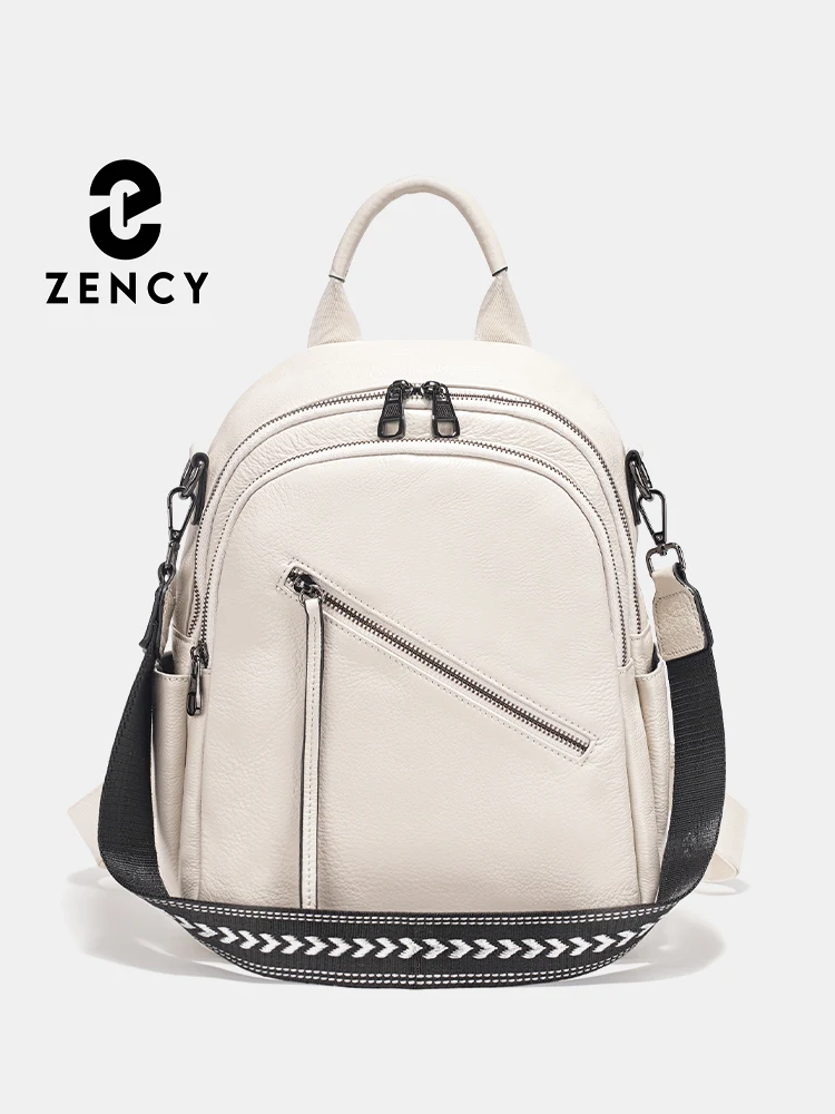 Zency Women's Genuine Leather Backpack Shoulder Bag Multi-Pockets Simple Rucksacks for Work
