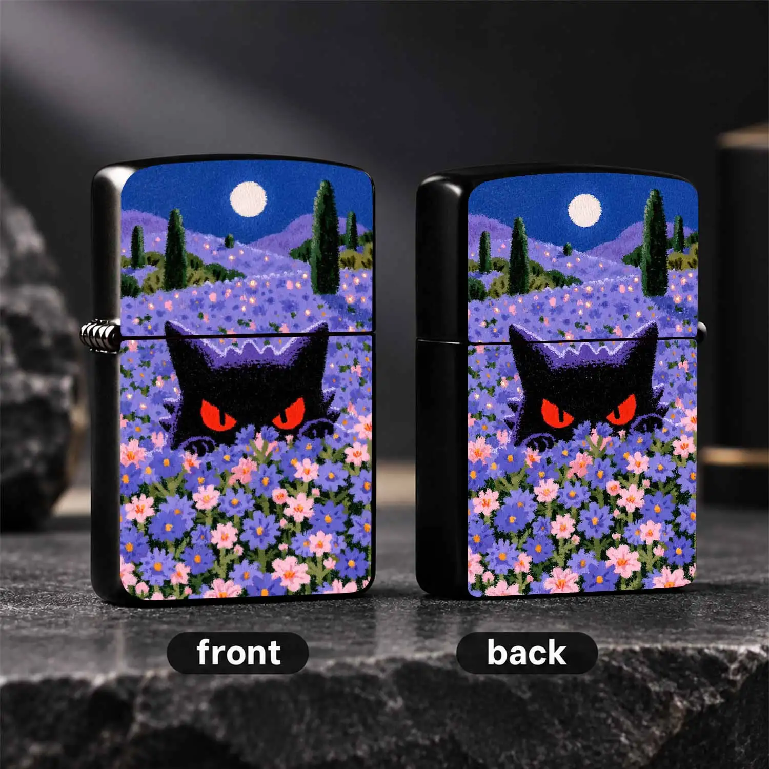 Gengar Night Flower Field Lighter, Full Moon Lavender Scenery Creative Illustration Design, Portable Unique Art Themed Igniter, Ideal For Daily Carrying, Gifting To Anime Fans, Using In Various Scenarios  A Humorous And Interesting Lighter