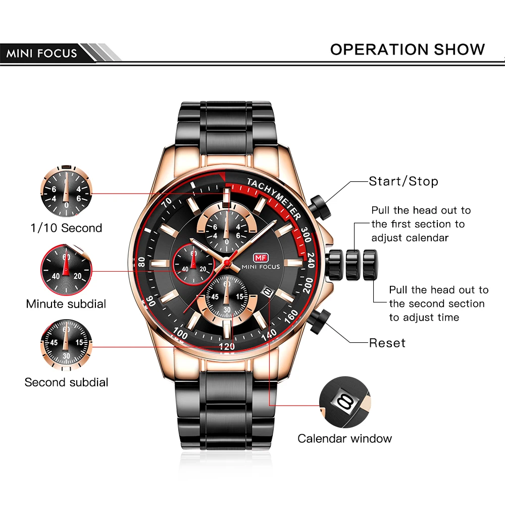 MINI FOCUS Multifunctional Luxury Sport Quartz Watch Mens Watches Waterproof Chronograph Wrist Watch with Luminous Hands 0218G