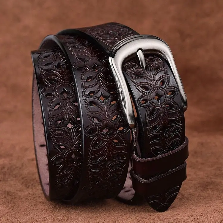 Hollow belt, women's needle buckle, cowhide belt, fashionable and versatile, student trend, Korean version, retro and casual
