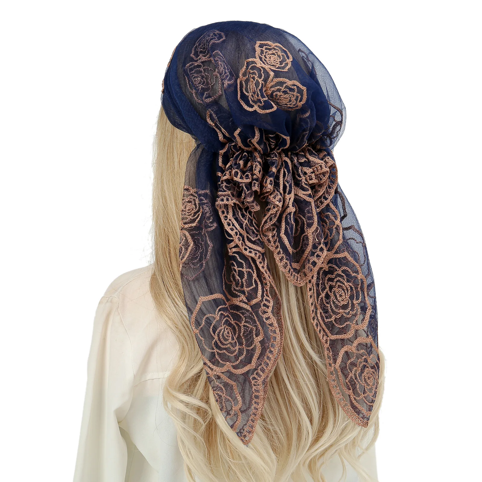 Lace Square Bandanas Style Rock Embroidery Floral Headband Net Breathable Hijab Through Headscarf Muslim Woman Veil