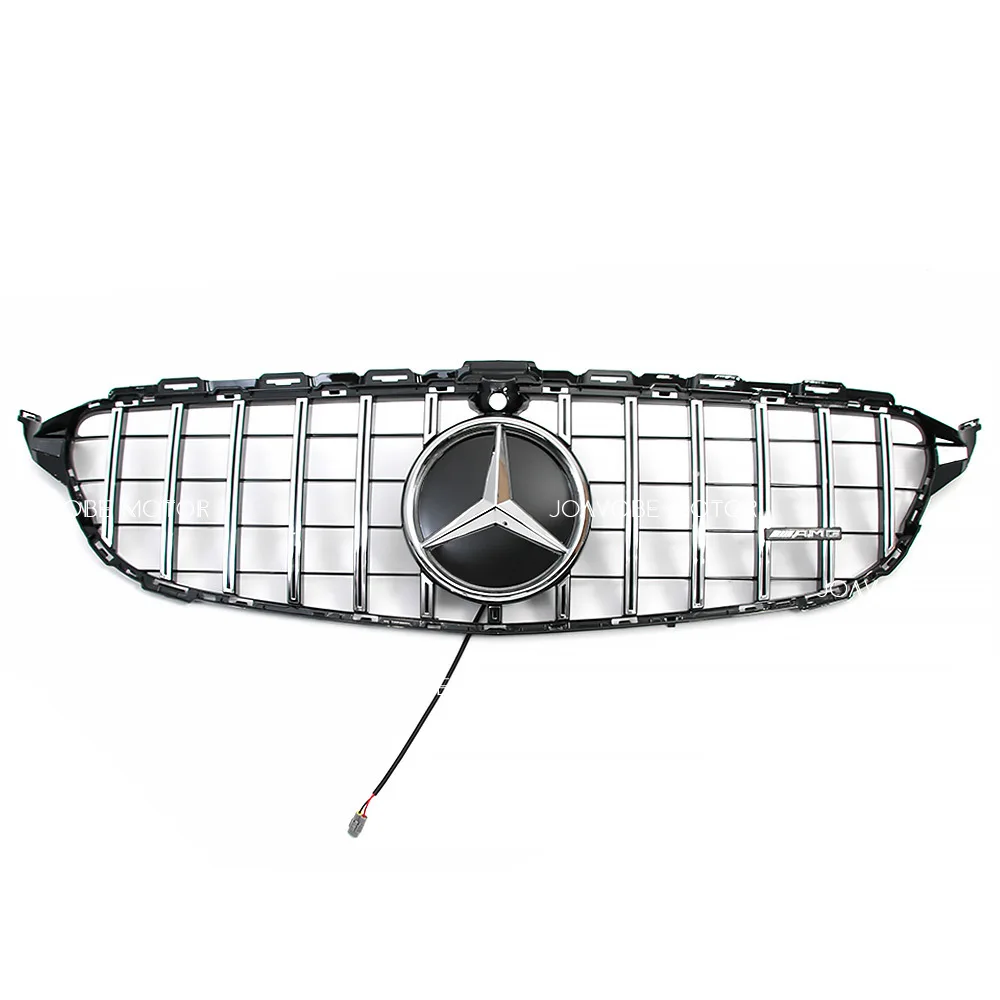 شبكة أمامية فضية على طراز GTR مع شعار مرآة LED فضي لسيارة Mercedes Benz C-Class W205 S205 C205 A205 2015-2018 W/360