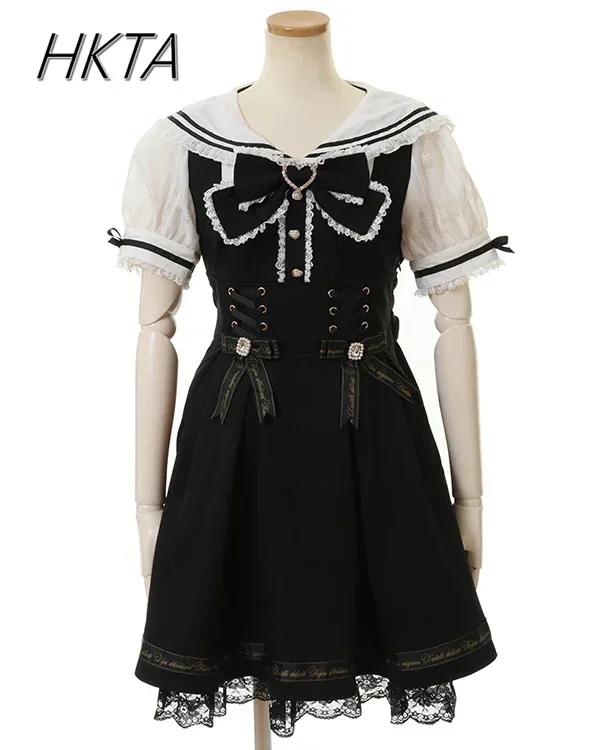 

Japanese Sailor Collar Short Sleeve Dresses Lapel Strap Mine Series Mass- Produced Lolita Dress Sweet Cute Women Short Liz Dress