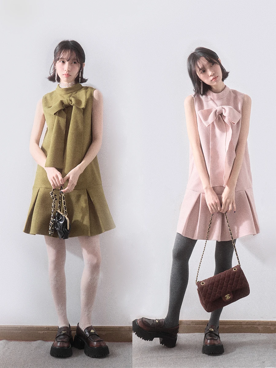 

Liparpa January Dr Double Color f High Collar Svel Vest Detachable Bow Knot Woolen Dr Women's Faion