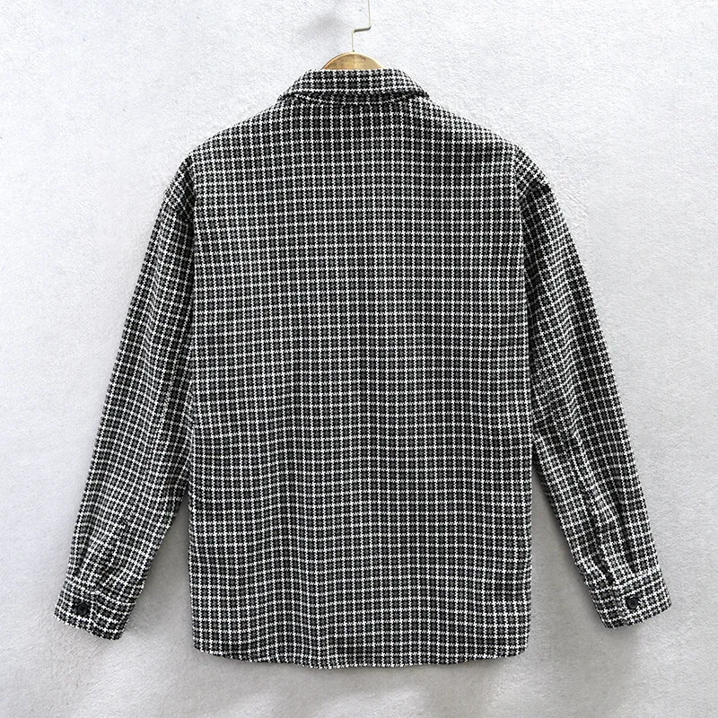 Autumn New Cargo Fine Plaid Shirts for Men Clothing Retro Loose Cotton Casual Solid Color Streetwear AZ222