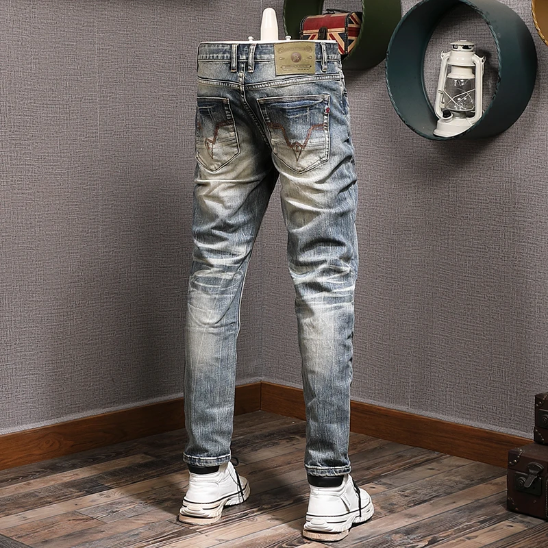 Newly Designer Fashion Men Jeans High Quality Retro Blue Elastic Slim Fit Ripped Jeans Men Trousers Vintage Denim Pants Hombre
