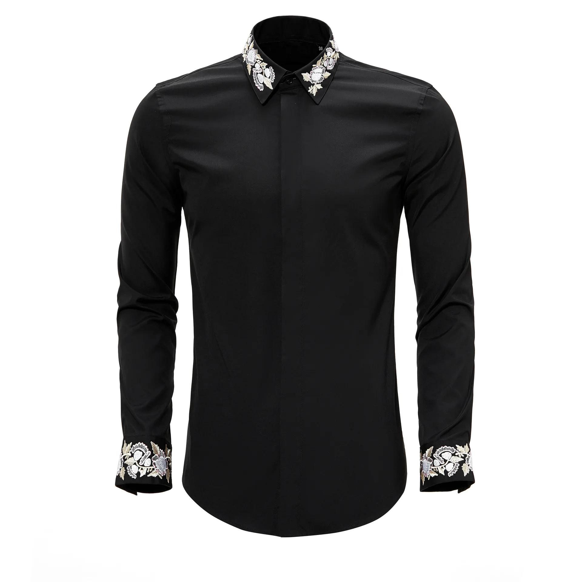 New Chinese style gold powder flower embroidery long sleeved men's shirt slim fit trendy men's shirt