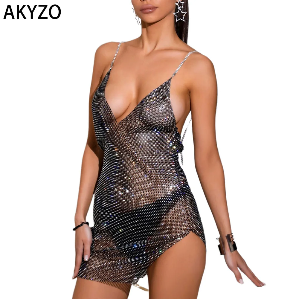 

AKYZO Sexy Women's Fashionable Slim-Fit Strappy Dress For Summer Vacation With Rhinestones