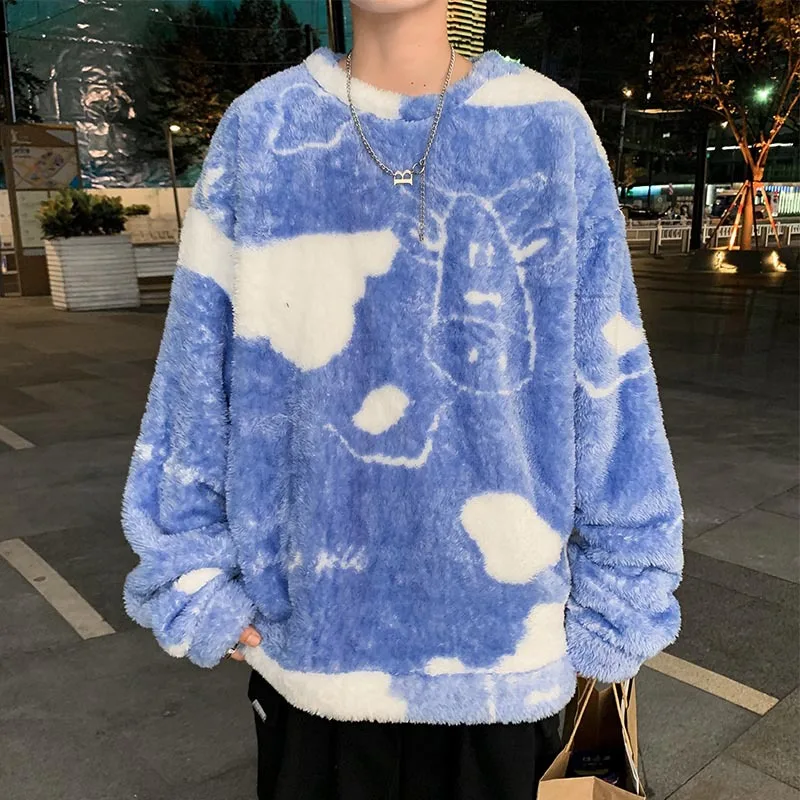 Oversize Sweatshirt Cartoon Cow Print Lamb Hair O-Neck Long Sleeve Man Sweatshirts Korean Fashion Hip Hop Clothes Streetwear