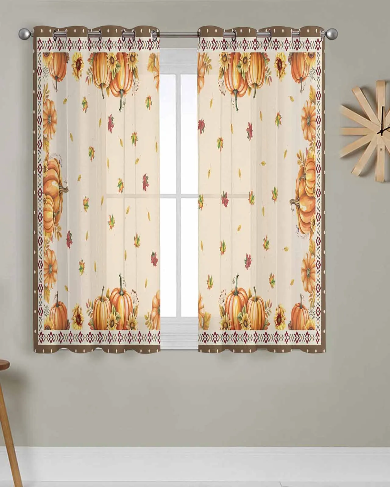 

Tulle Window Curtains Ethnic Border Orange Pumpkin Leaf for Living Room Bedroom Transparent Chiffon Sheer Voile Window Curtain