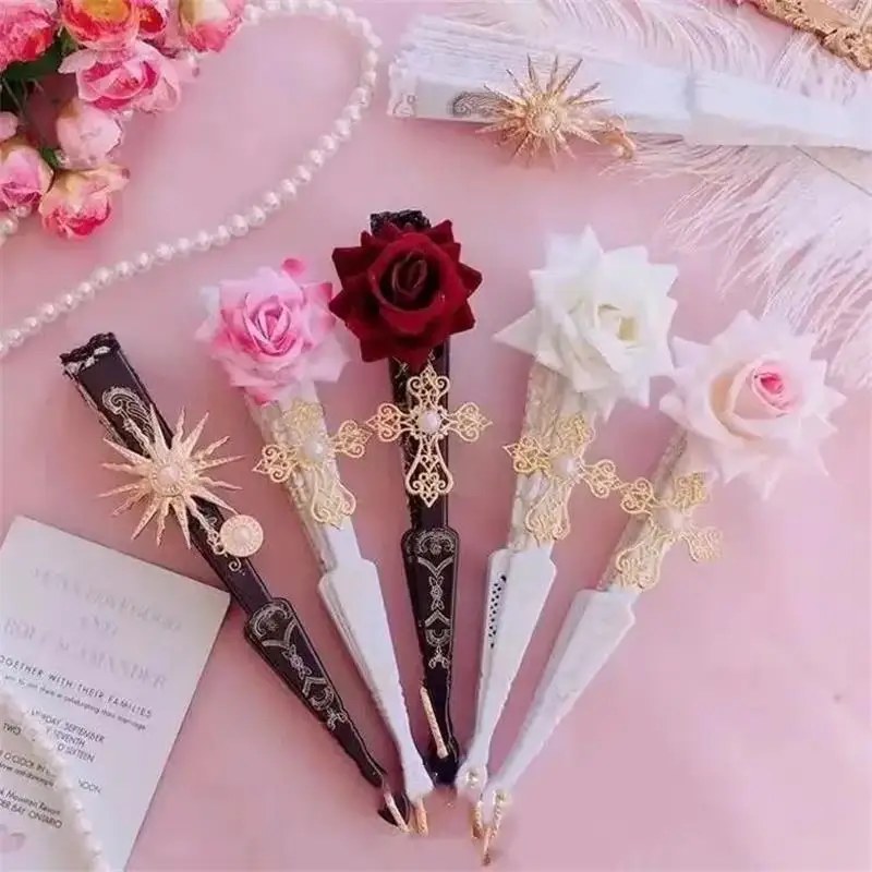 Lolita Lace Folding Fan, Rose Hand Fan, Gorgeous Retro European Style, Dark Gothic, Court Dance, Gifts, Wedding Party Decoration