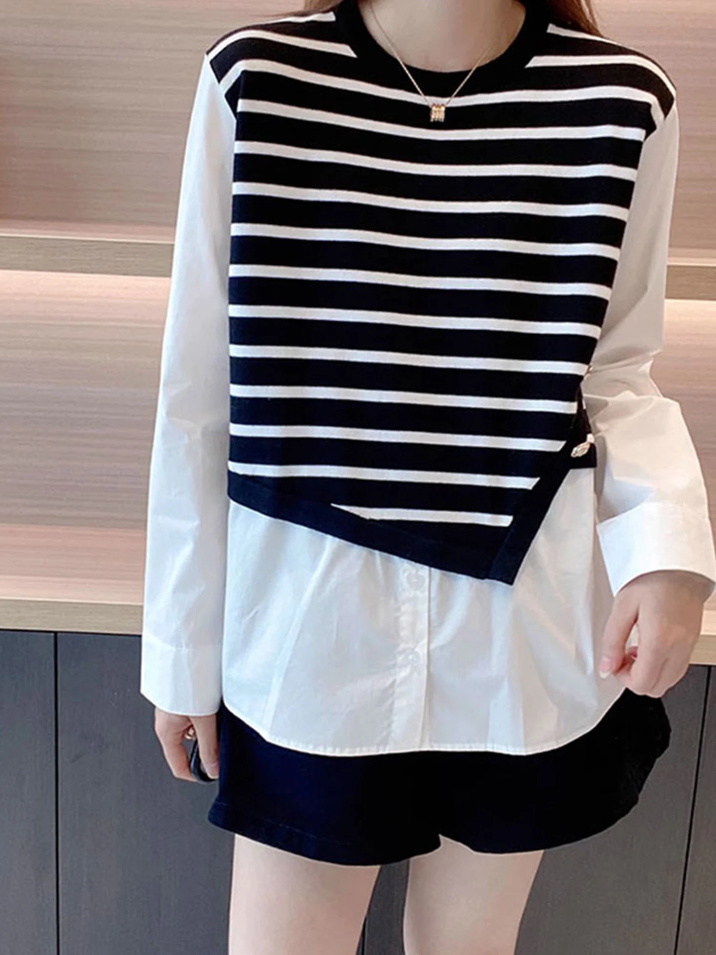 Korean Sle Knitted Patchwork Loose Long Sve Commute Top Women's Faionable Boting irt Autumn Seasonal Clothing