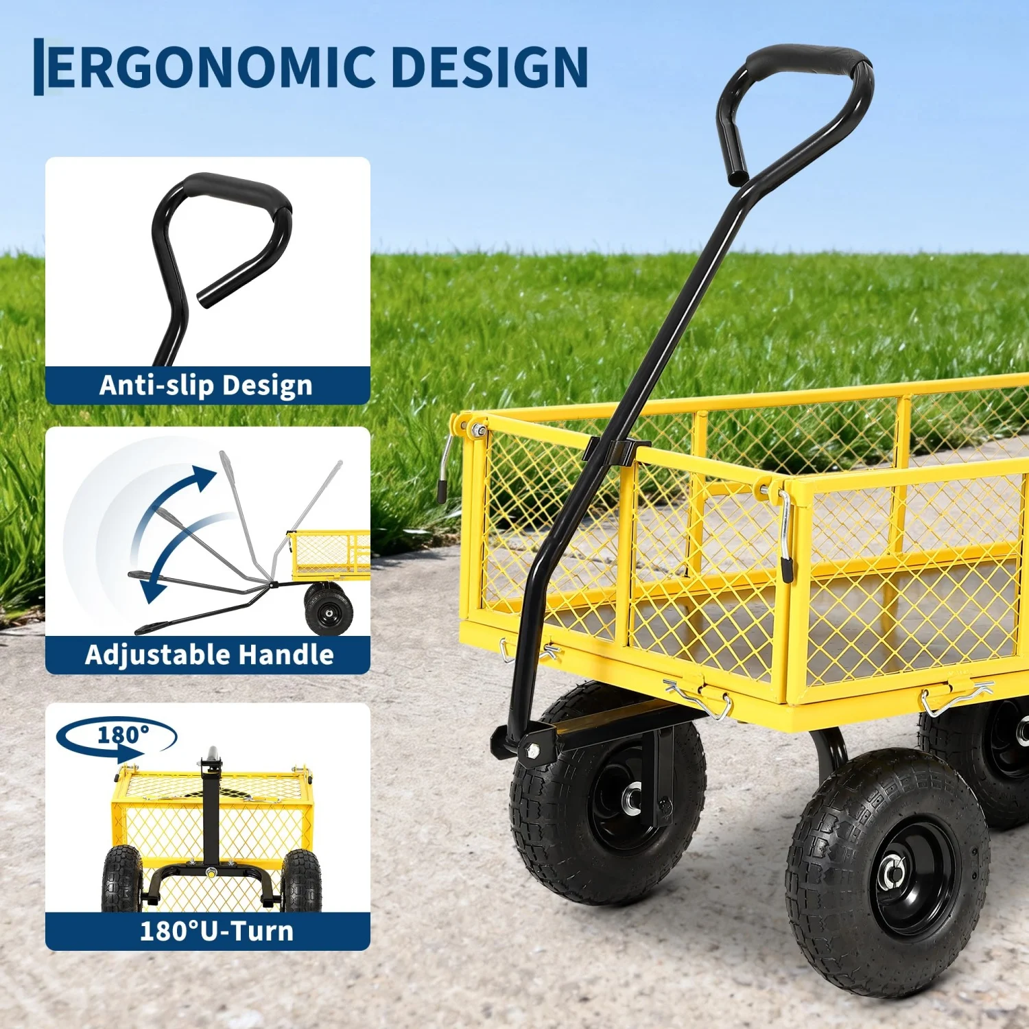 900lbs Heavy Duty Steel Garden Cart- Utility Wagon with Removable Mesh Sides - 180° Rotating Handle- Converts to Flatbed