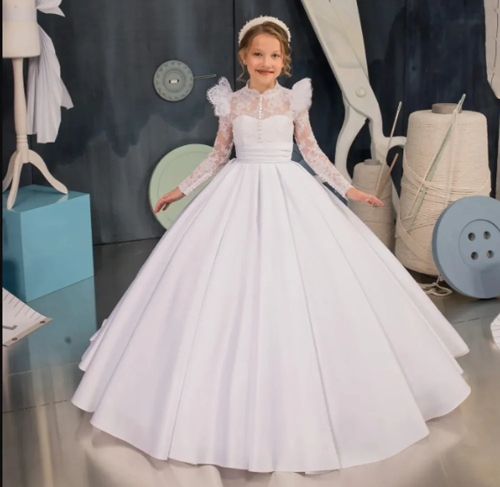 

Customized White Flower Girl Dresses For Wedding Lace Full Sleeves Graceful Princess Birthday Party Prom First Communion Gown