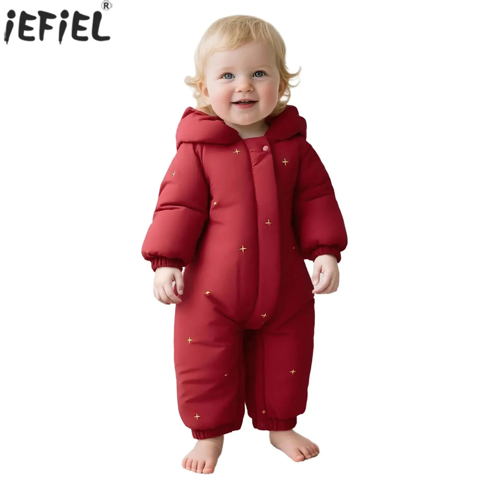 

Infant Baby Jumpsuit Winter Warm Snow Suit Padded Hooded Romper Long Sleeve Zipper Embroidery Bodysuit Outdoor Newborn Clothes