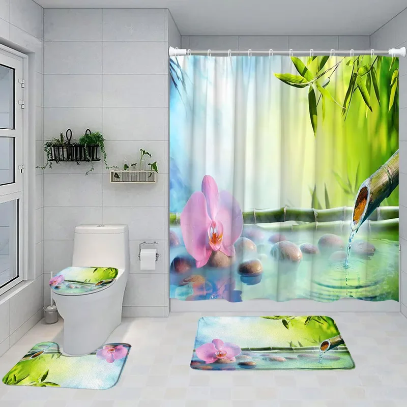 Ensemble de Rideaux de Douche Vermont en Bambou Vert, Orchidée Violette, Papillon, Pierre Grise, Spa, Paysage Naturel, Polymères de Bain, Couverture de Toilette