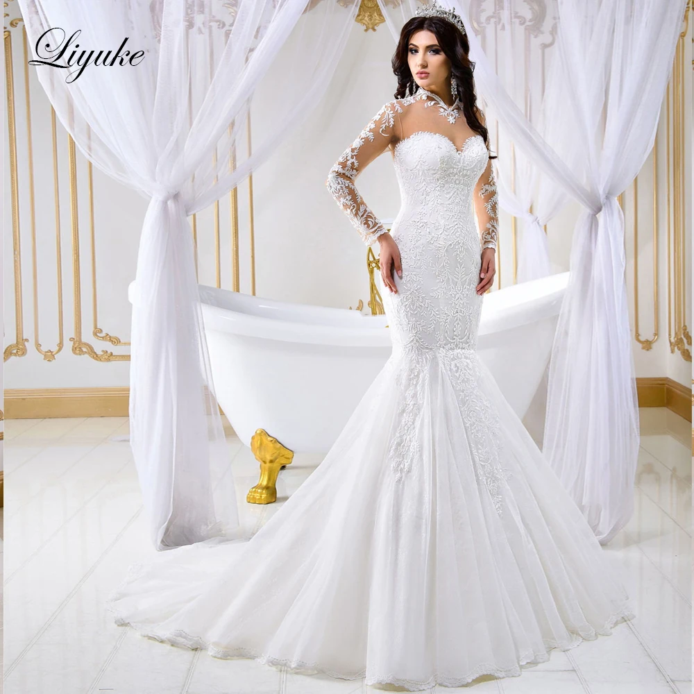 

Liyuke Elegant Mermaid Wedding Dress Appliques Full Sleeves Sweetheart Floor-Length Trumpet Bridal Gowns