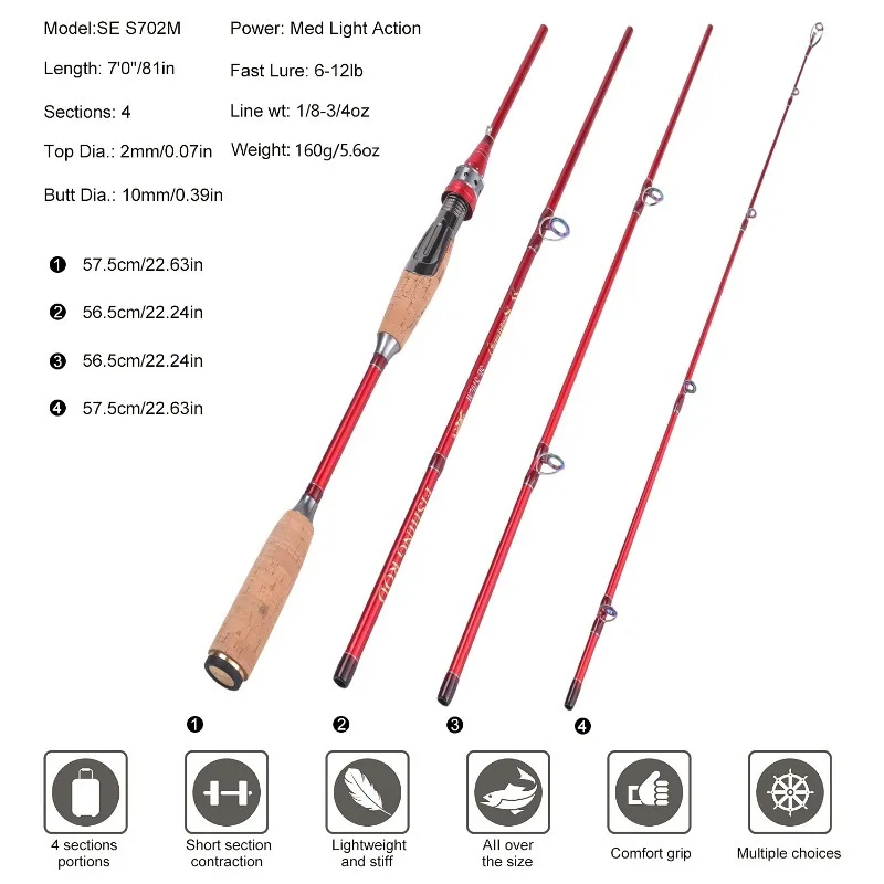 Sougayilang 2.1m Fishing Rod 4 Section Carbon Fiber Ultralight Spinning/Casting Travel Rod for Bass and Catfish Carp Fishing