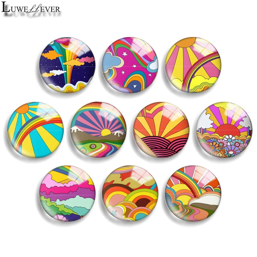 

12mm 10mm 20mm 25mm 30mm 40mm 809 Rainbow Painting Mix Round Glass Cabochon Jewelry Finding 18mm Snap Button Charm Bracelet