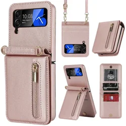 For Samsung Galaxy Z Flip 6 5 4 Case Leather Card Slot Phone Holder Zipper Wallet Bag Crossbody Folding Cover Flip 3 Coque