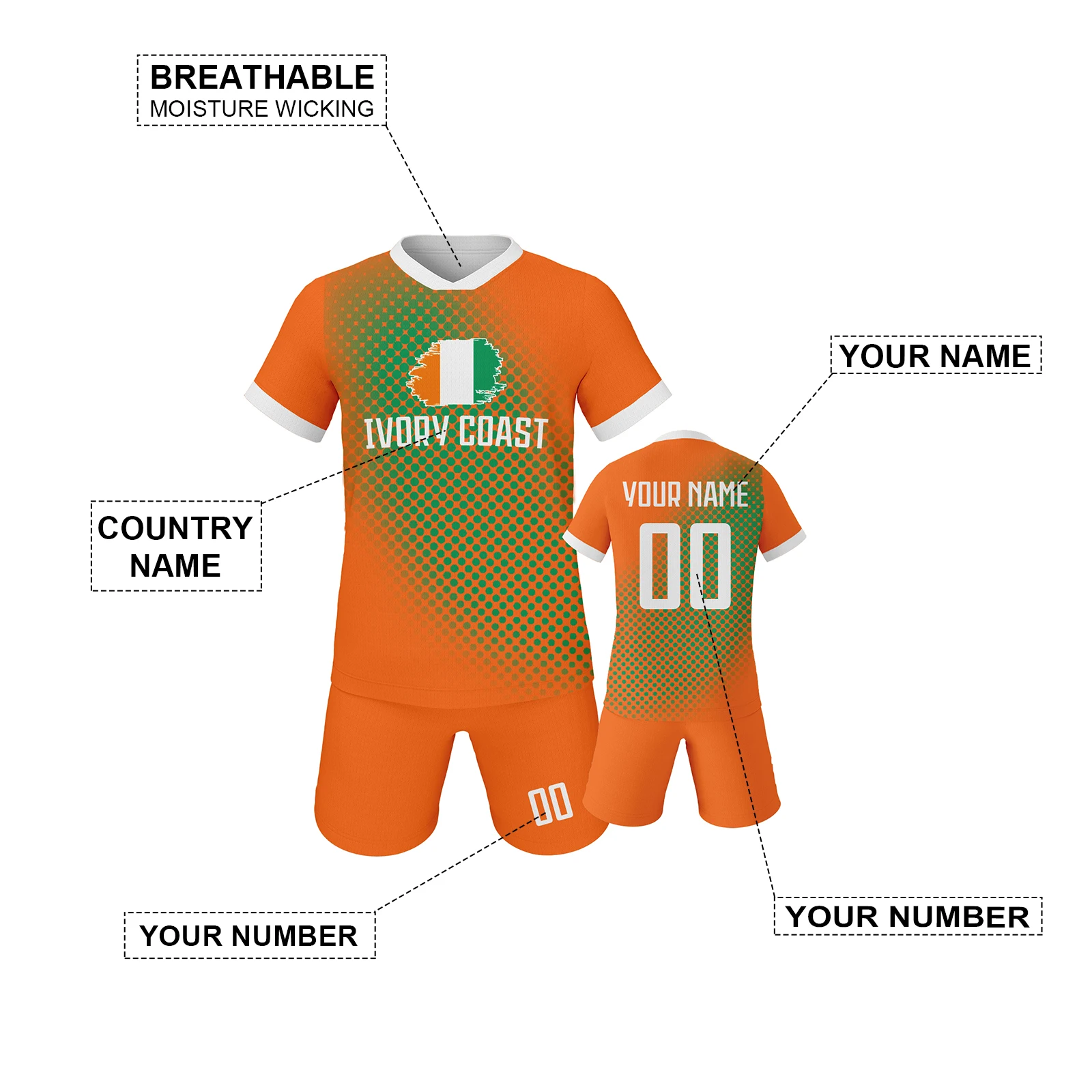 Ivory Coast Custom Kids Soccer Jersey Youth Football Team Uniform Personalized Name Number Training Set for Boys Girls Fans