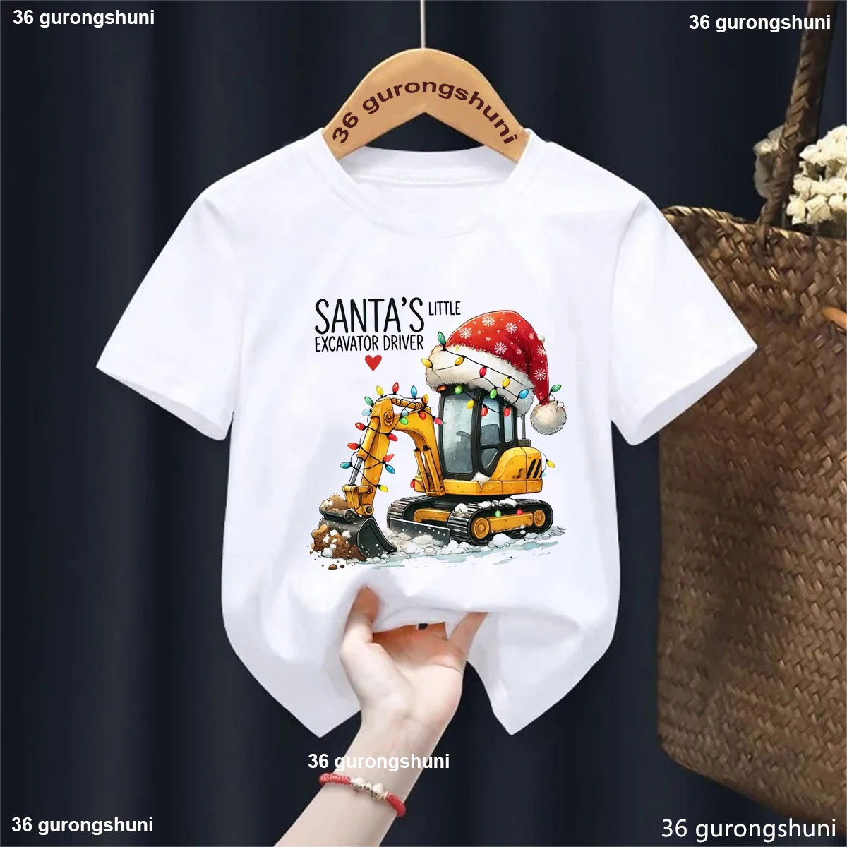 Santa'S Little Excavator Driver Graphic Printed T Shirt Girls/Boys Cool Xmas Gift Children'S Clothing Funny Solid T-Shirt Tops