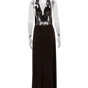 Maxi ohne Frauen ärmelloses Rücken, sexy Bodycon-Kleider, hohe Taille, Rücken, braun, elegant, Sommer 8 Hauptverkäufe langes braunes Kleid - №7