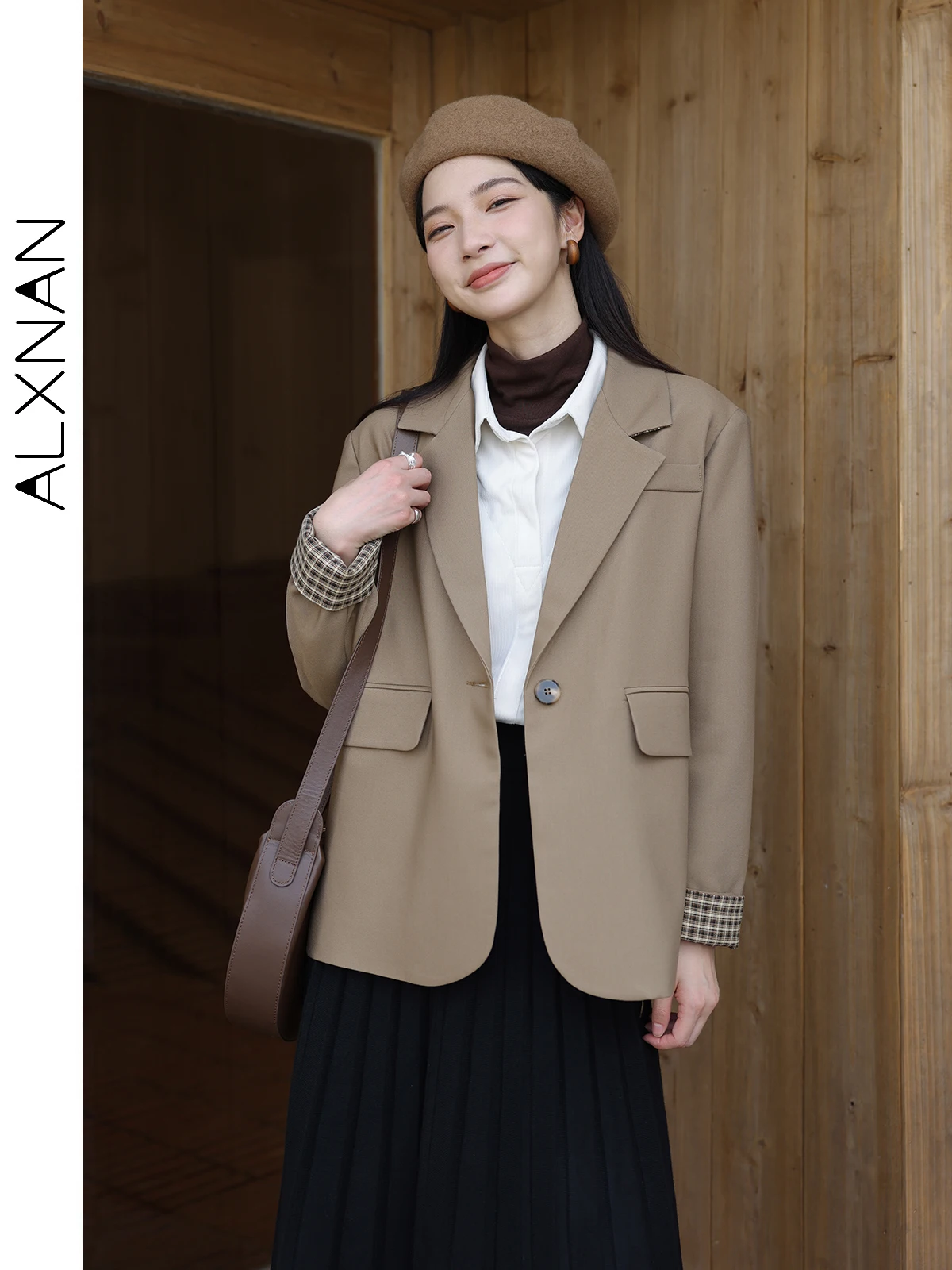 

ALXNAN Women's Camel Blazers 2024 Fall Winter Classic Suit Collar Long Sleeve Single Button Female Commuter Suit Jacket LXN21909