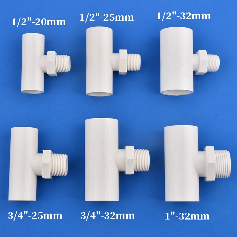 

PVC Male Thread Tee Connector 1/2" 3/4" 1" to 20/25/32mm Garden Irrigation Water Pipe 3 Way Joint Aquarium Fish Tank Fittings