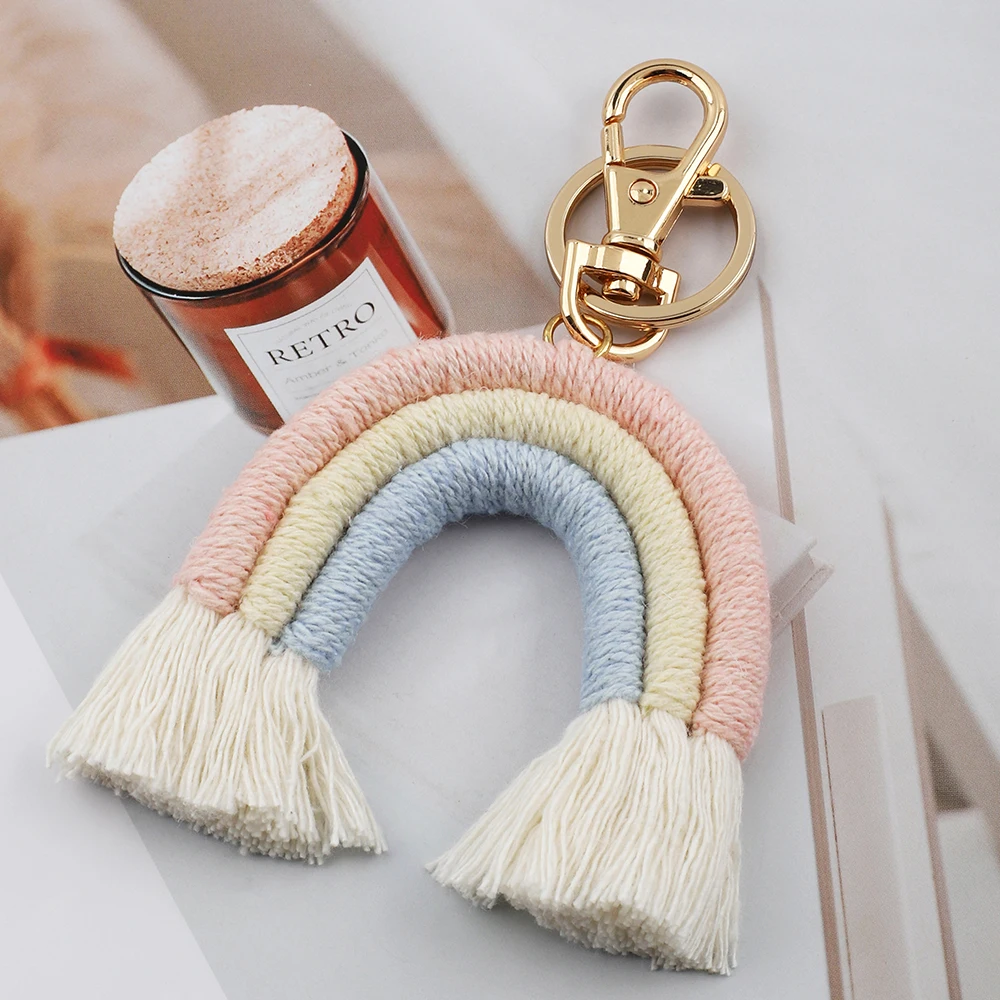 New Handmade Woven Rainbow Fringe Keychain With Alloy Gold Buckle Pendant Boho Fringe Bag Hangings For Women's Bag hangings