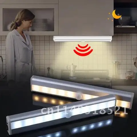 

Battery Operated Wireless Night Lights for Room Aluminum Profile Kitchen Light Bar Easy Install 10 LEDs PIR Motion Sensor