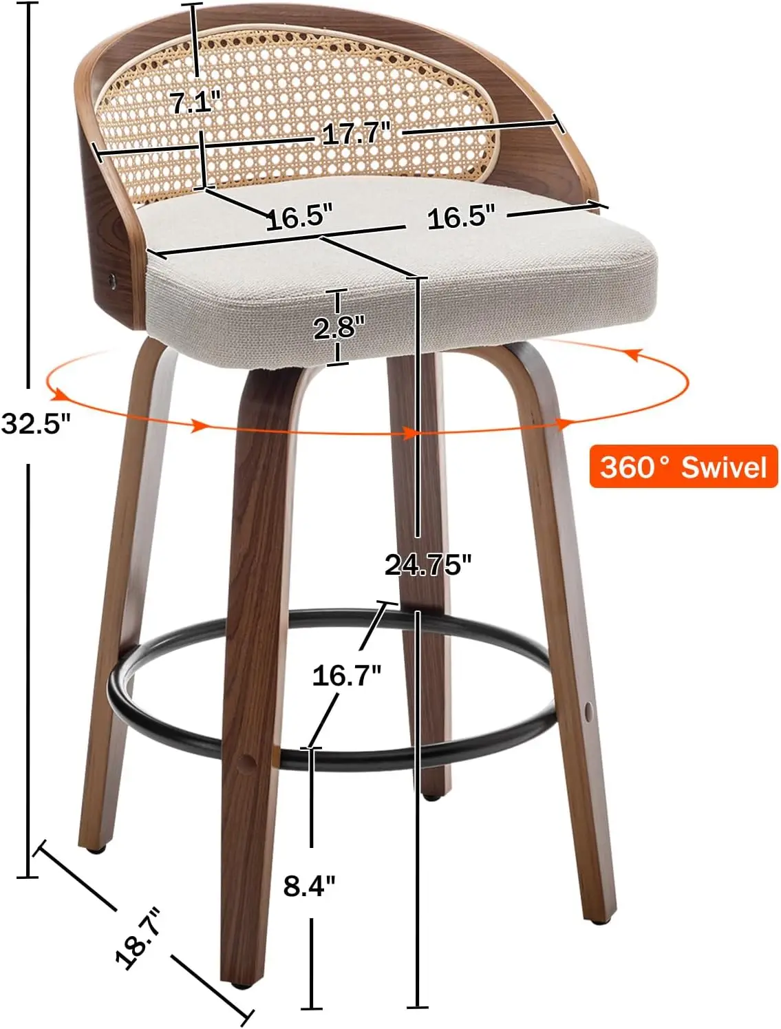26 draaibare rotan barkrukken set van 2, midden van de eeuw moderne beige linnen stof gestoffeerde krukken op tegenhoogte, keukeneiland bars